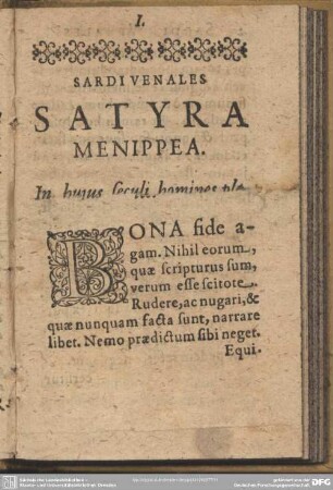 Sardi Venales Satyra Menippea. In huius homines plerosque inepte eruditos