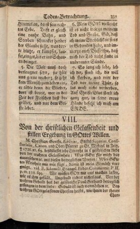 VIII. Von der christlichen Gelassenheit und stillen Ergebung in Gottes Willen.