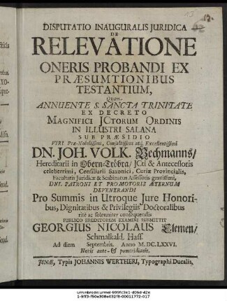 Disputatio Inauguralis Iuridica De Relevatione Oneris Probandi Ex Praesumtionibus Testantium