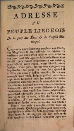 Adresse Au Peuple Liegeois De La Part Des États Et Du Conseil-Municipal
