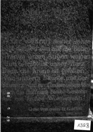 Grabstein 132 (Index: 100101088) Material: Granit Zustand: leicht verwittert Maße HxBxT: 155x47x20 cm Beschreibung: Stele, Sockel, giebelartiger Abschluß: Grabstein 132B