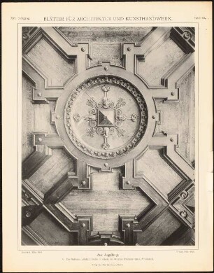 Rathaus, Augsburg: Ansicht Decke im östlichen Fürstenzimmer (aus: Blätter für Architektur und Kunsthandwerk, 16. Jg., 1903, Tafel 64)