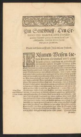 Ein Sendbrieff/ Den Ersamen und weisen Herrn Burgermeister/ Rat und gantzer Gemein/ der Stad Mülhausen ...