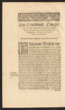 Ein Sendbrieff/ Den Ersamen und weisen Herrn Burgermeister/ Rat und gantzer Gemein/ der Stad Mülhausen ...