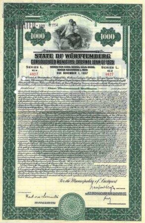 Anteilschein der Dollaranleihe der Württembergischen Städte (darunter Heilbronn u. Böckingen) über 1000$ Nr. 4627