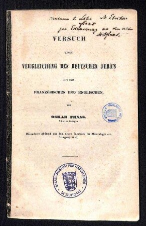 Versuch einer Vergleichung des deutschen Jura's mit dem französischen und englischen