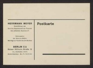 Postkarte der Soncino-Gesellschaft, Vordruck für Herrmann Meyer (1901-1972)