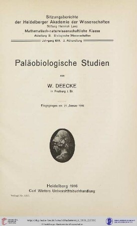 1916, 2. Abhandlung: Sitzungsberichte der Heidelberger Akademie der Wissenschaften, Mathematisch-Naturwissenschaftliche Klasse: Abteilung B, Biologische Wissenschaften: Paläobiologische Studien