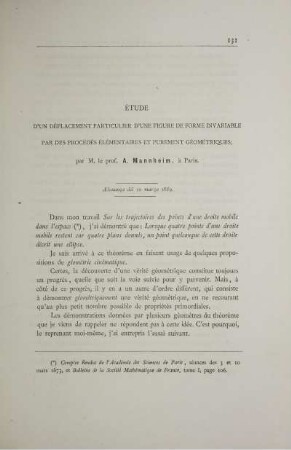 Étude d´un déplacement particulier d´une figure de forme invariable par des procédés élémentaire et purement géométriques.