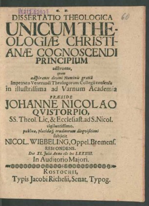 Dissertatio Theologica Unicum Theologiae Christianae Cognoscendi Principium adstruens