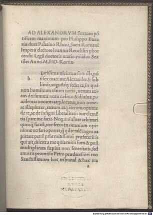 Oratio ad Alexandrum VI. pontificem maximum pro Philippo Bavariae duce : Rom, 1498.08.07