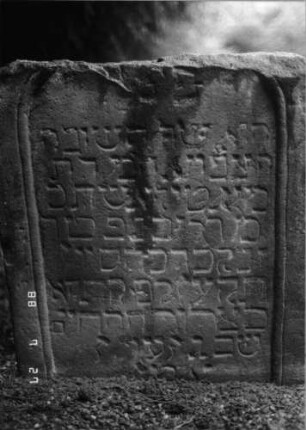 Grabstein 17 (Index: 100086392) Material: Sandstein Zustand: verwittert, oben abgebrochen, unten eingesunken Maße HxBxT: 62x59x8 cm Beschreibung: Stele, oben abgebrochen: Grabstein 17A