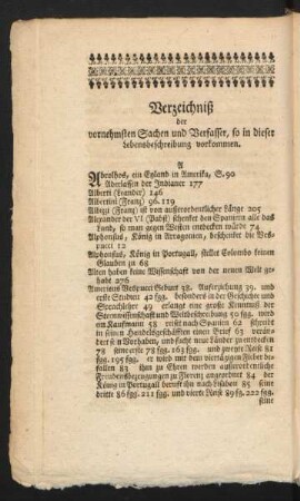 Verzeichniß der vornehmsten Sachen und Verfasser, so in dieser Lebensbeschreibung vorkommen.