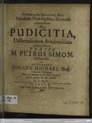 De pudicitia, dissertationem academicam