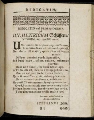 Dedicatio vel Prosphonema Dn. Henricum Schäffern [...]
