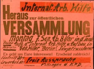 Aufgaben der internationalen Arbeiterhilfe, öffentliche Versammlung der Internationalen Arbeiterhilfe, Villingen (KPD)