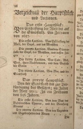 Verzeichniß der Hauptstücke und Lectionen.