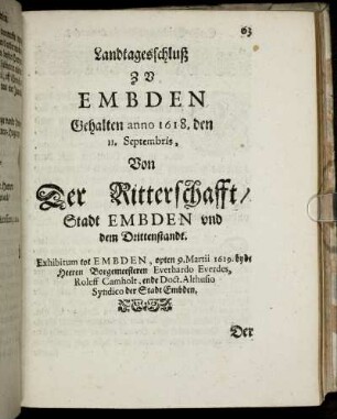 Landtagesschluß Zu Embden Gehalten annp 1618, den 11. Septembris. Von Der Ritterschafft [...]