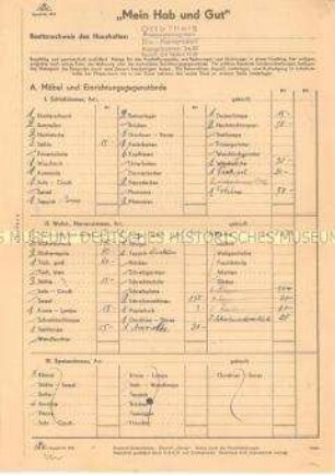 Aufstellung der Gegenstände aus dem Haushalt von Otto Theiss (als Beleg im Falle des Verlusts durch Bombenschäden) - Familienkonvolut