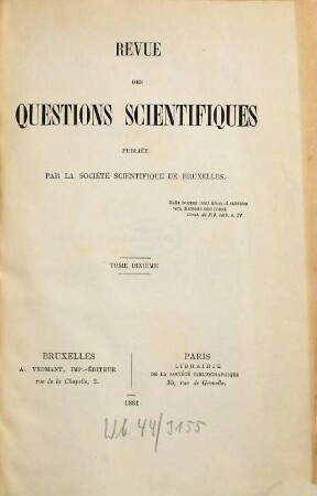 Revue des questions scientifiques. 10 = A. 5. 1881