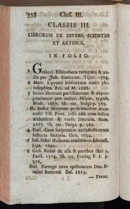 Classis III. Librorum De Divers. Scientiis Et Artibus.