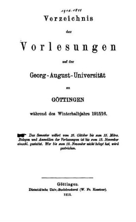 WS 1915/16: Verzeichnis der Vorlesungen