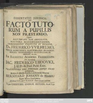 Dissertatio Juridica, De Facto Tutorum A Pupillis Non Præstando