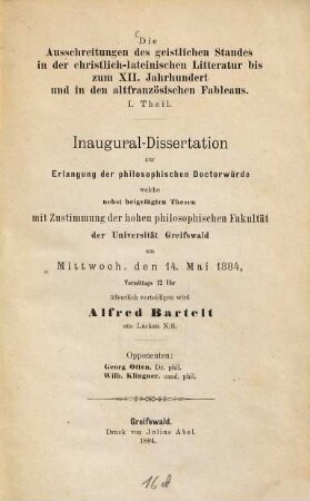 Die Ausschreitungen des geistlichen Standes in der christlich-lateinischen Litteratur bis zum XII. Jahrhundert und in den altfranzösischen Fableaus, 1