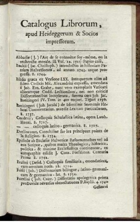 Catalogus Librorum, apud Heideggerum & Socios impressorum.