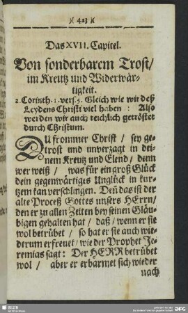 Das XVII. Capitel. Von sonderbarem Trost, im Kreutz und Widerwärtigkeit