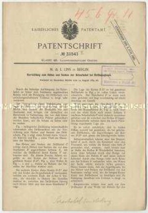 Patentschrift einer Vorrichtung zum Heben und Senken der Scharhebel bei Drillmaschinen, Patent-Nr. 31541