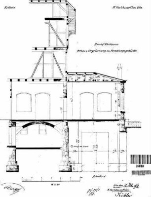 Warthausen: Empfangsgeb.Verwaltungsgeb. Vergrößerung Teil-Längschn.(Altbau),Längsschn.(Anbau)