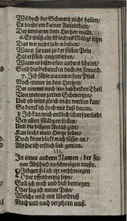III. In eines andern Namen/ der seinen Abschied verschweigen muste