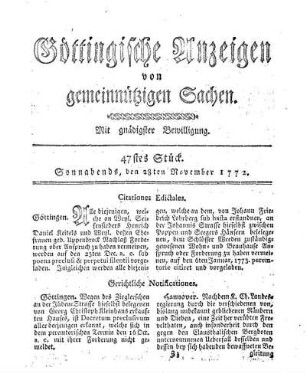 47stes Stück. Sonnabends, den 28ten November 1772.