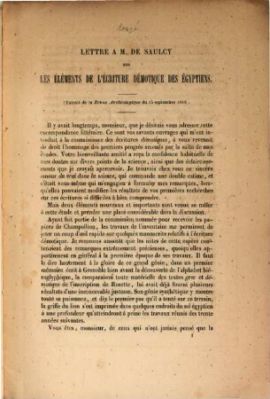 Lettre à M. de Saulcy sur les éléments de l'écriture démotique des Égyptiens : (Extrait de la Revue archéologique 15 sept. 1848)