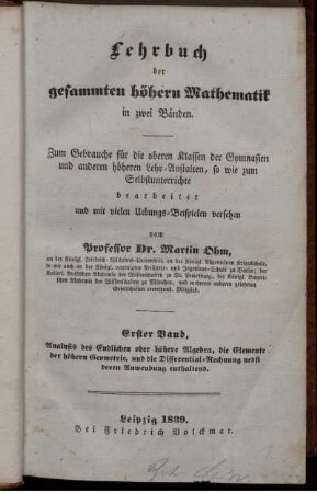 Bd. 1: Lehrbuch der gesammten höhern Mathematik. Erster Band
