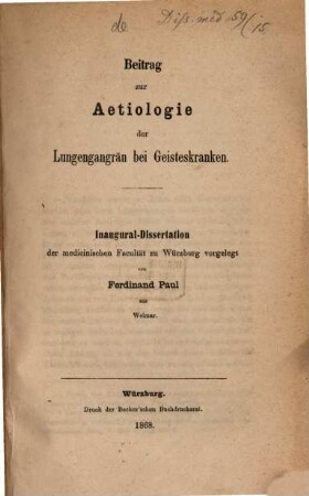 Beitrag zur Aetiologie der Lungengangrän bei Geisteskranken