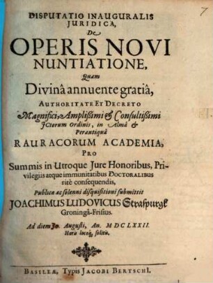 Disputatio Inauguralis Iuridica, De Operis Novi Nuntiatione