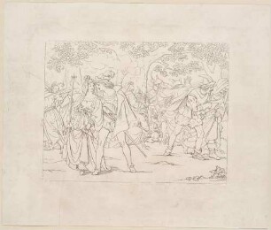 Zu Shakespeares "Die lustigen Weiber von Windsor", Blatt 11, 5. Akt, 4. Szene: Anna und Fenton im Wald, Falstaff wird verprügelt
