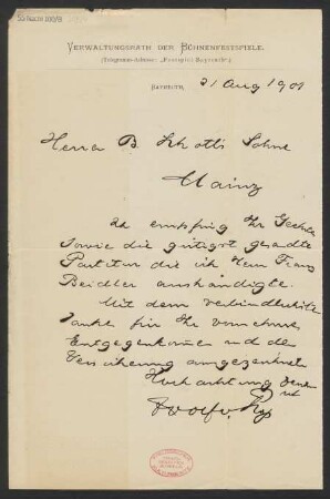 Brief an B. Schott's Söhne : 31.08.1901
