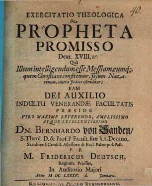 Exercitatio theol. de propheta promisso, Deut. XVIII, 15