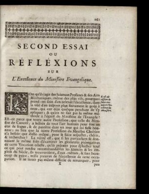 Secound Essai Ou Réfléxions Sur L'Excellence du Ministère Evangelique.