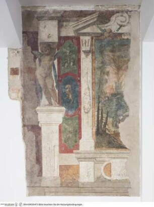 Fragment einer illusionistischen Wandfreskierung mit Ädikula, Landschaftsdarstellung und Puttenkaryatide