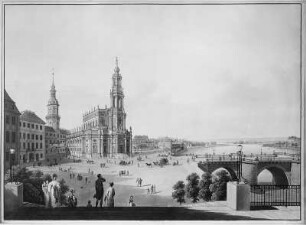 Schloßplatz mit Georgentor, Hofkirche und Augustusbrücke von der Brühlschen Terrasse aus : Vue de Dresde, prise du jardin de Brühl / I. Thieme del. C. G. Hammer fec. - Dresden : Rittner, [um 1820]. - 1 Kunstblatt : color. Kupferstich ; 63 x 46 cm