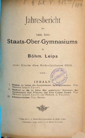 Jahresbericht des Kais.-Königl. Staats-Obergymnasiums in Böhm.-Leipa : am Ende d. Schuljahres ..., 1891