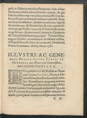 Illustri Ac Generoso Domino Ioanni Comiti Ab Ostrorog etc. Domino suo Clementißimo, Melchior Iunius S. P. D.