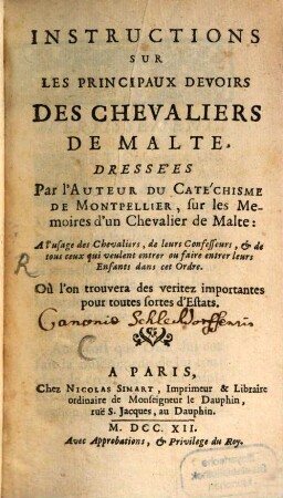 Instructions sur les principaux devoirs des Chevaliers de Malte