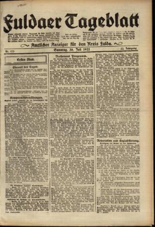 Erste Ausgabe vom Samstag, den 30. Juli 1921.