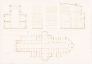Kathedrale, Tournai: Grundriss, Querschnitt durchs Langschiff, Querschnitt durchs Kreuzschiff, Ansicht, Innenansicht (aus: Altchristl. u. roman. Baukunst, hrsg. v. Zeichenaussch. d. Stud. d. TH Berlin, 1875)