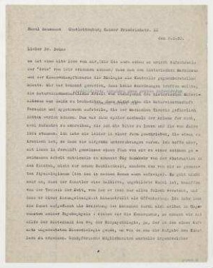 Brief von Raoul Hausmann an Adolf Behne. Berlin